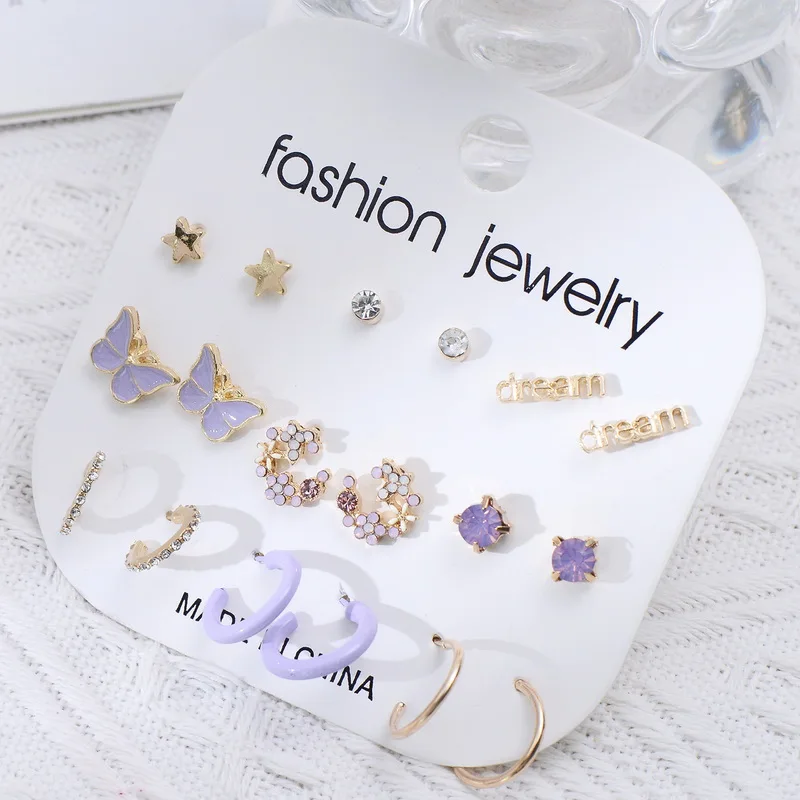 Boho Purple Butterfly Flower Star Mini Earrings Set For Women Korean Fashion Hoop Metal Acrylic Pearl Earring Party Jewelry hoop earrings,pearl earrings,flower earrings,butterfly earrings,acrylic earrings