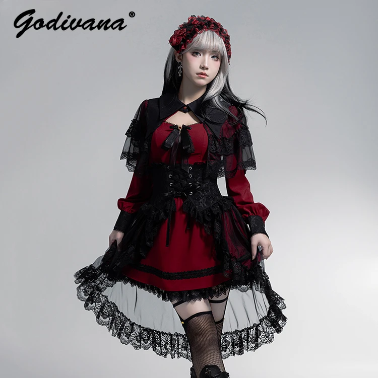 

New 2024 Spring Ladies Elegant Lace Cape Dress Slim Long Sleeve Black and Red Patchwork Dress with Waist Seal Skirt Women