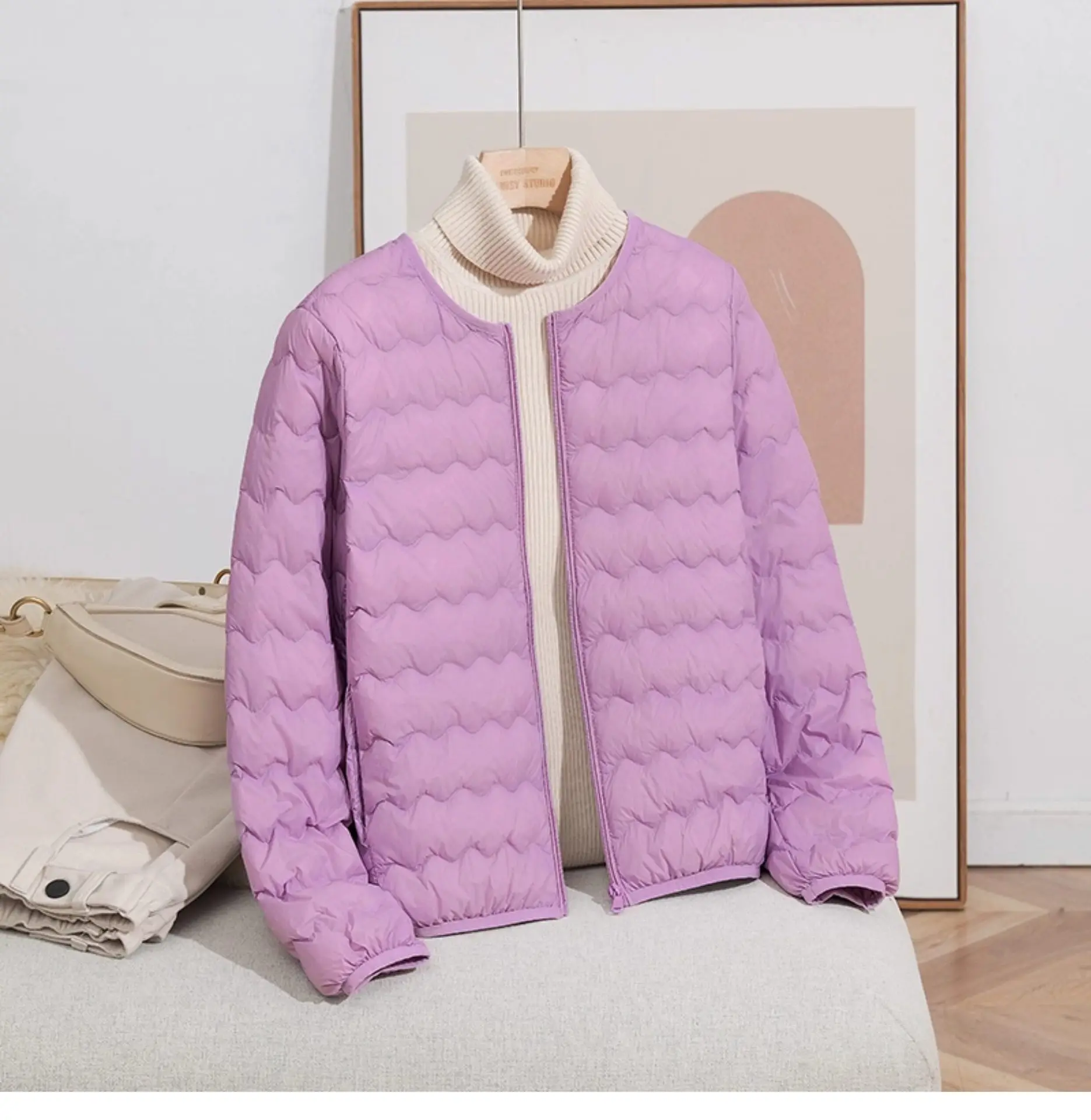 LANMREM Women Crew Neck Lightweight Short Down Jacket Wave Quilted Zipper Closure Portable Inner Wear Puffer Outerwear Coat