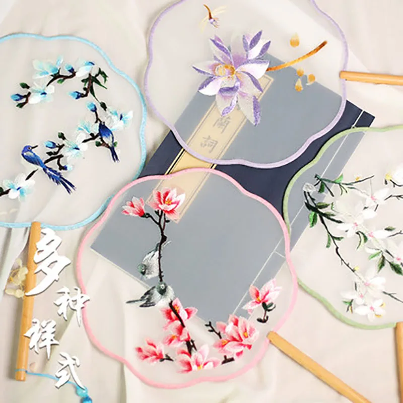 Double-Sided Embroidered Palace Fan, Eight-petal Round Fan, Beech Long Handle Silk, Pure Hand, Home Decor, Hanfu