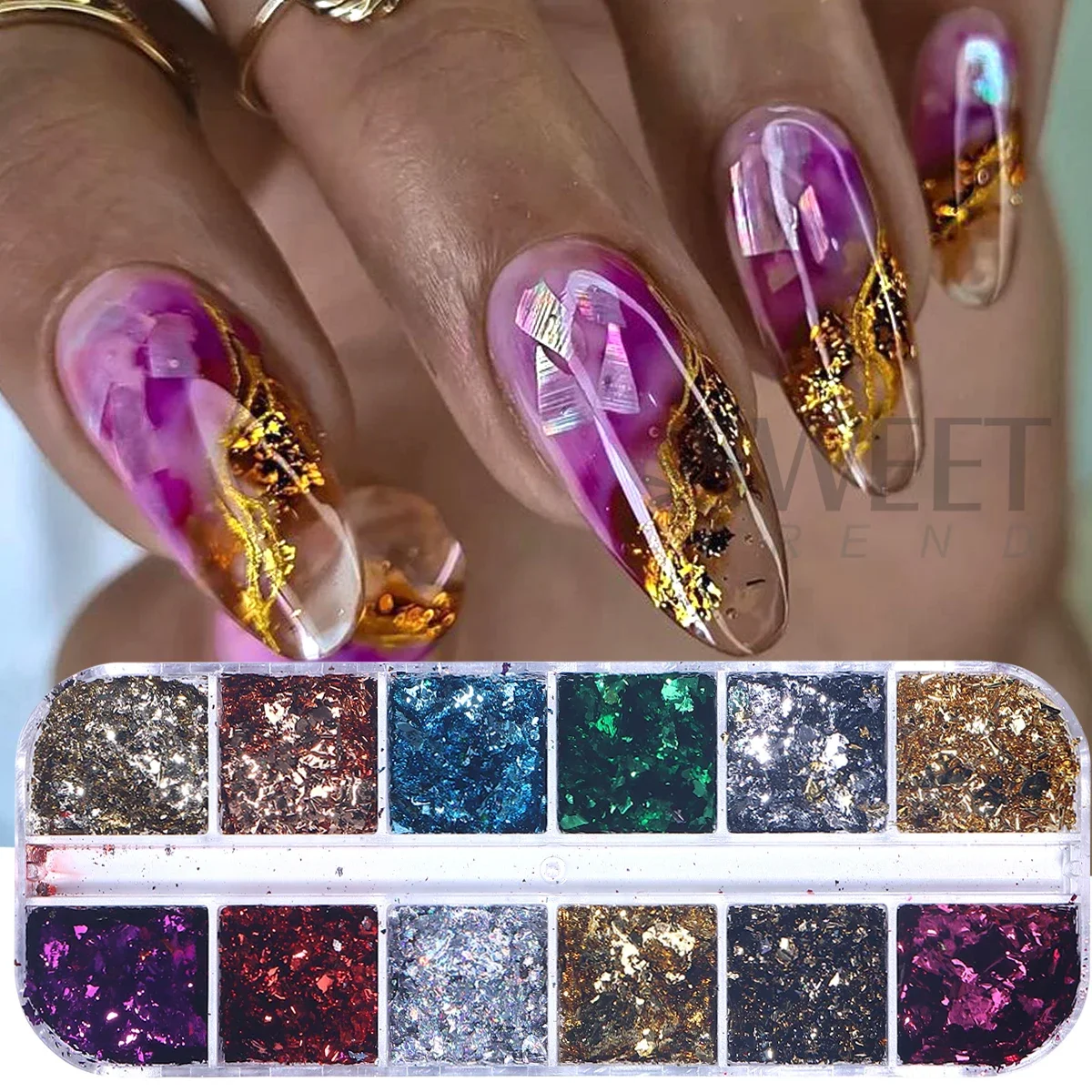 12 Grids Double Color Gold Foils Gorgeous Nail Glitter Sparkles Irregular Random Aluminum Flake Paillette Chip Design Decoration