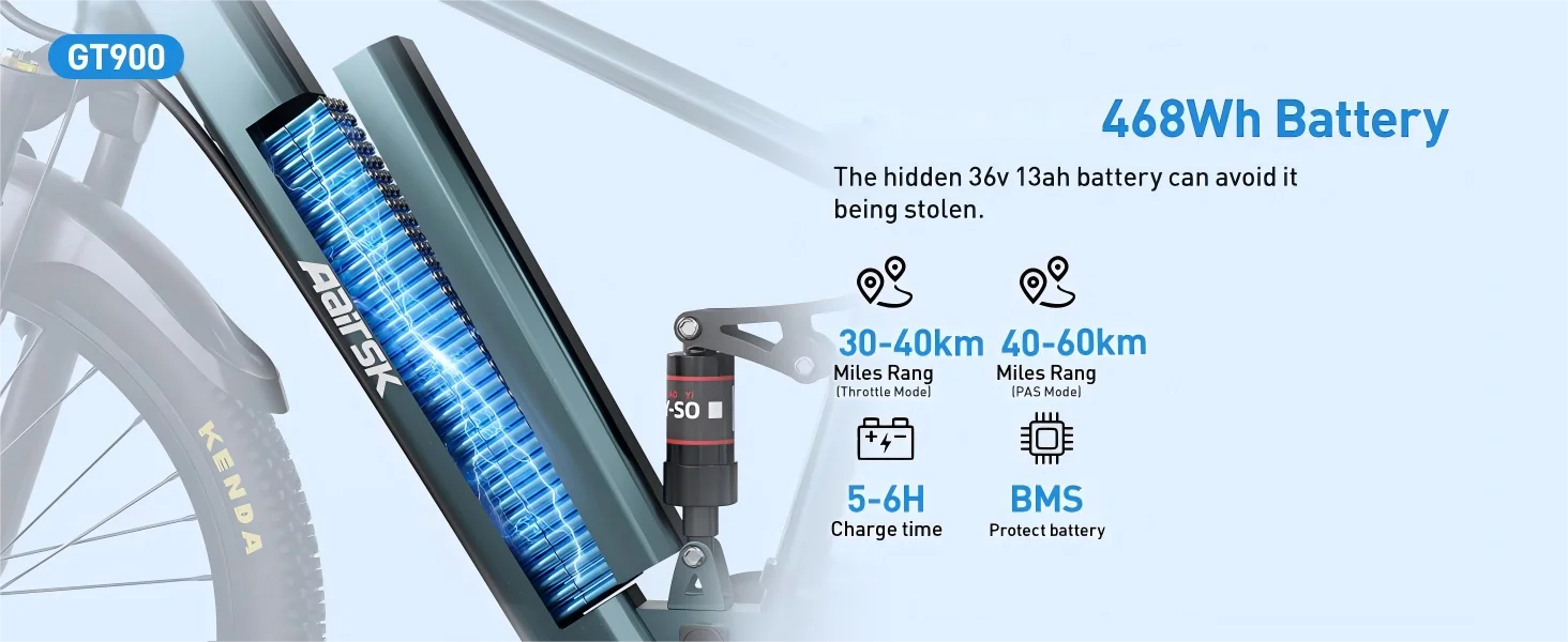 Aairsk GT900 Erwachsenen-E-Bike 250W Motor 36V 13Ah Akku Doppelfederung Elektrofahrrad 26*1,95" Reifen Kurzstrecken-Elektrofahrrad – Detail 3