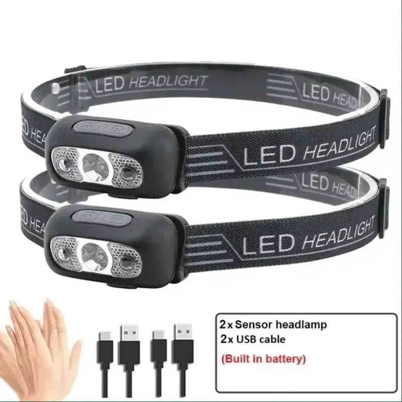 Mini Ultra-bright Sensor Industrial Headlamp Portable LED Headlight USB-C Rechargeable Flashlight for Outdoor Camping Fishing