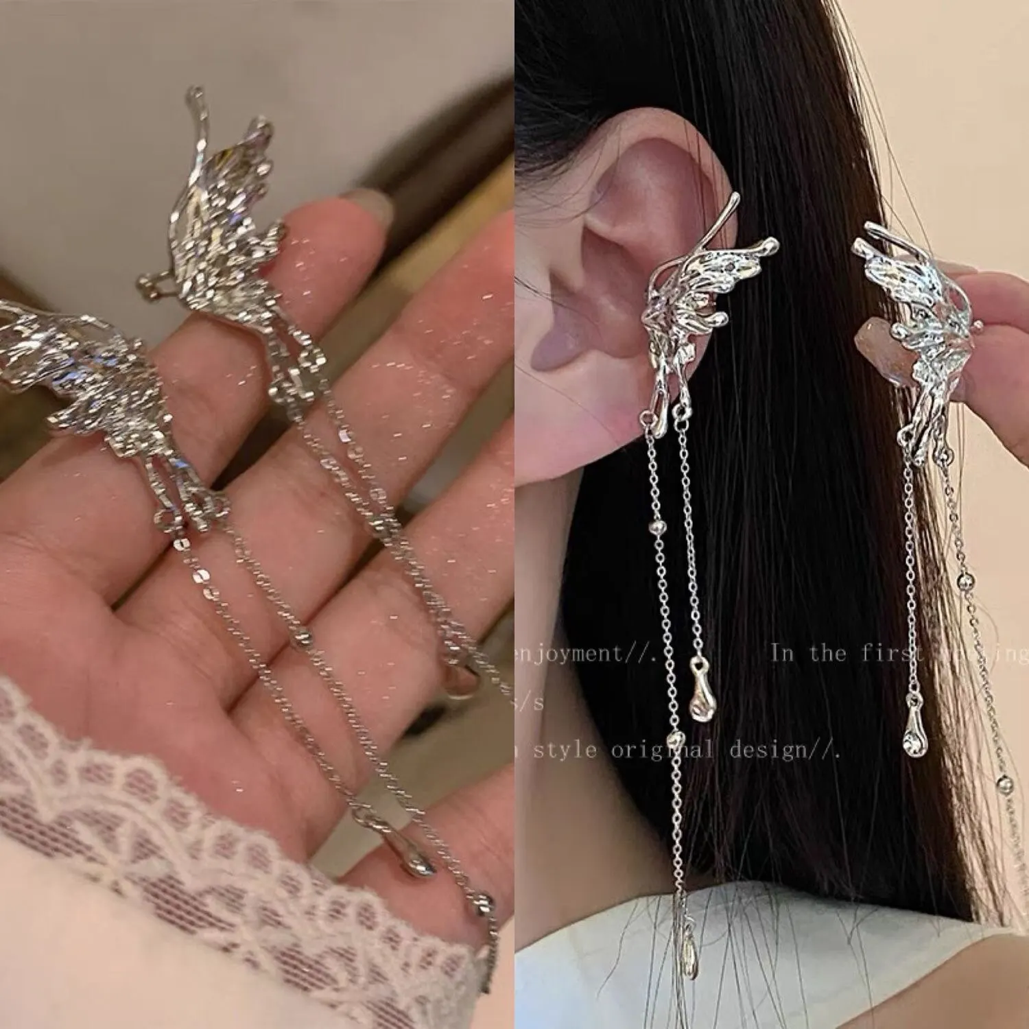 Clip Earrings 1Pair Elf Butterfly Long Tassel Clip Earrings For Women Wed Bridal Retro Kpop No Piercing Earbone Ear Cuff Jewelry Gift