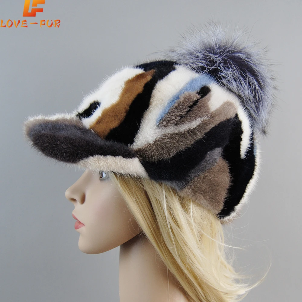 2025 Female Cute Fashion Winter Fox Fur Ball Hat Windproof Colorful Baseball Caps Real Mink Fur Hat Women Thick Warm Russian Cap
