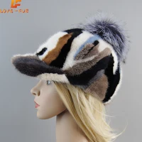 2025 Female Cute Fashion Winter Fox Fur Ball Hat Windproof Colorful Baseball Caps Real Mink Fur Hat Women Thick Warm Russian Cap 1