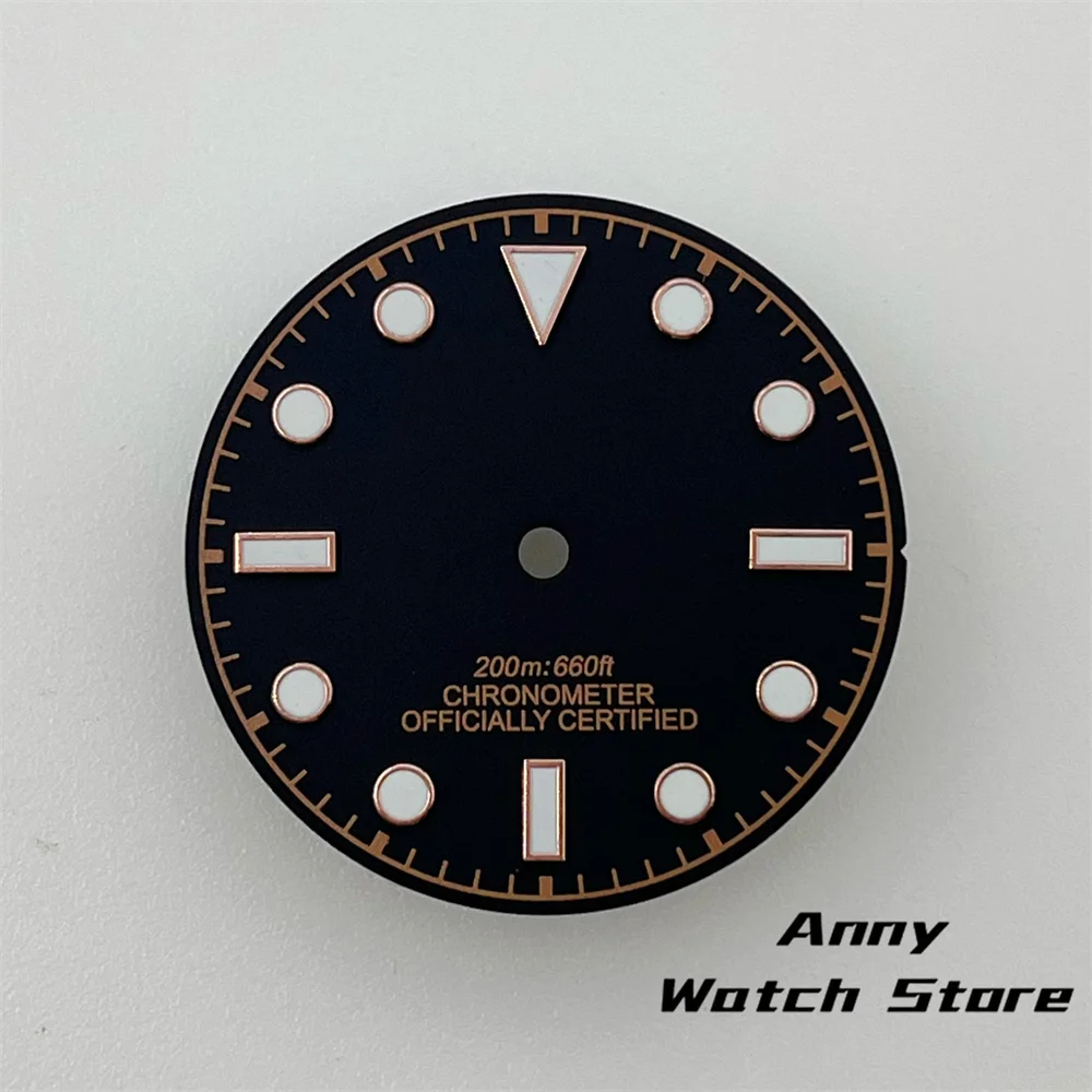 Vintage 29mm Watch Dial with Black, Brown, and Dark Blue Design Featuring Rose Gold Edging and Green Luminous Markers