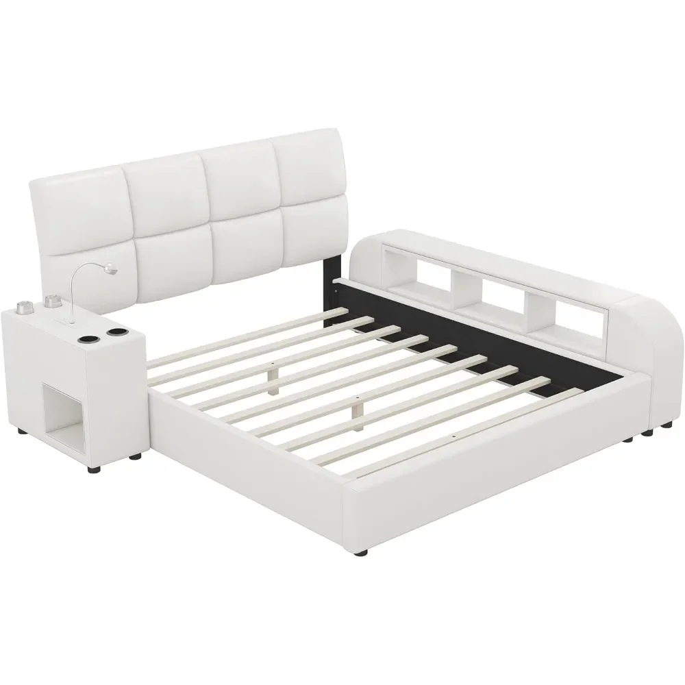 Queen Size Smart Bed Frame with Storage Shelves and Multimedia Nightstand, Upholstered Platform Bed with Headboard and Light 5