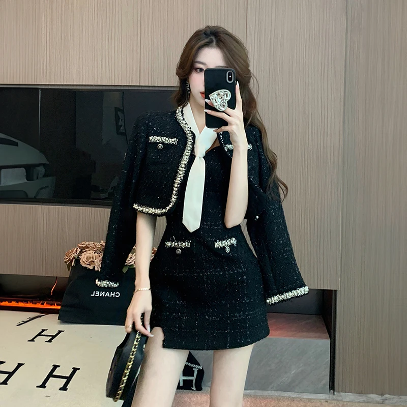 Tweed Autumn 2 Piece Set Women Short Jacket Coat & Bodycon
