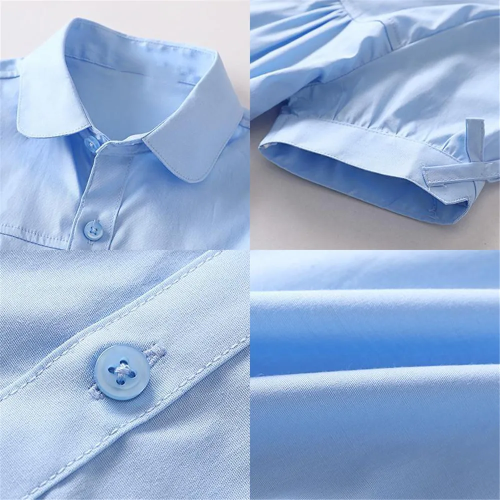 Summrt Autumn Teen Baby Girls Button Shirts Tops Turn-down Collar White Blouse Formal Wear Kids Cotton School Uniform A5962