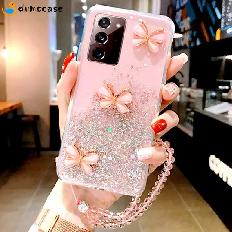 Za Sansung Galaxy S22 S21 FE Ultra A13 A53 A73 A12 A21S A52 A51 A32 Note 20 Ultra Bling Glitter Butterfly Lanyard telefonska torbica_voghion.com