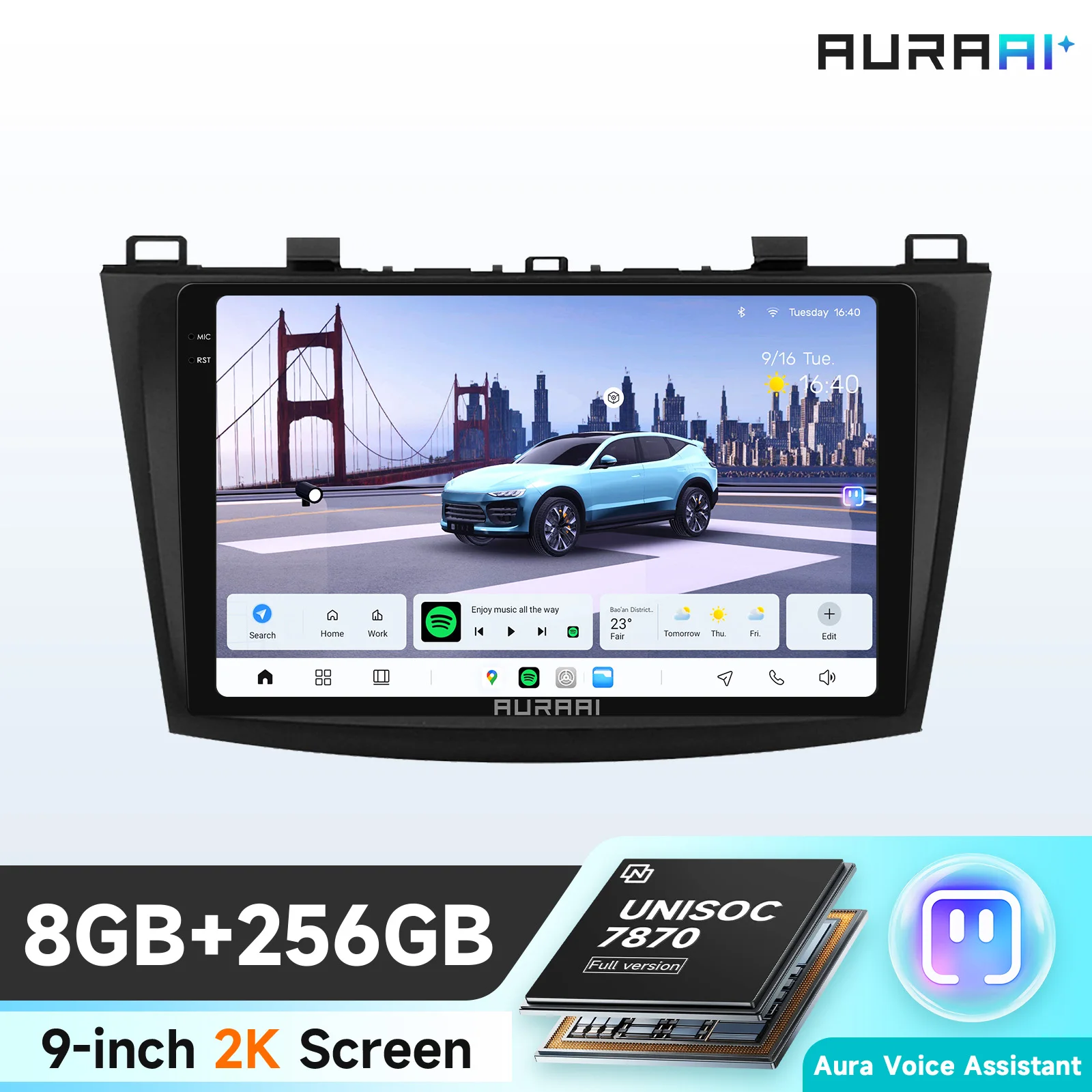 Radio para Auto AURAAI con Pantalla 2K, CarPlay Inalámbrico, Android 13, para Mazda 3 2010-2013, ADAS, Cámara 360, 4G, WIFI6, BT, 3D, UNISOC 7870 1