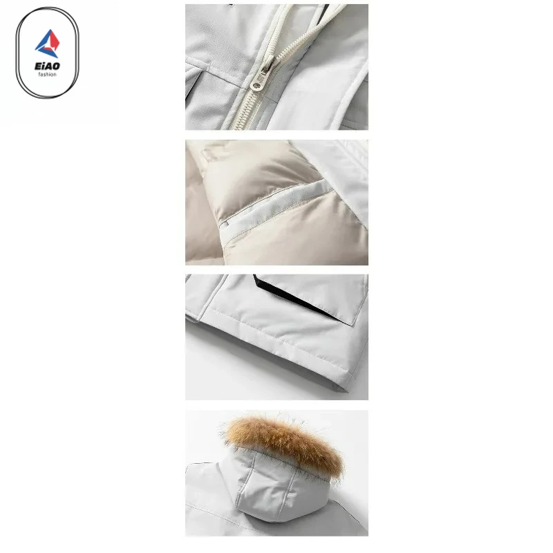 Eiao Hunting Ski White Duck Down Coats Men Fashion Winter 2026 Hard Shell Windproof Big Wool Collar Warm Down Jacket Long Parka