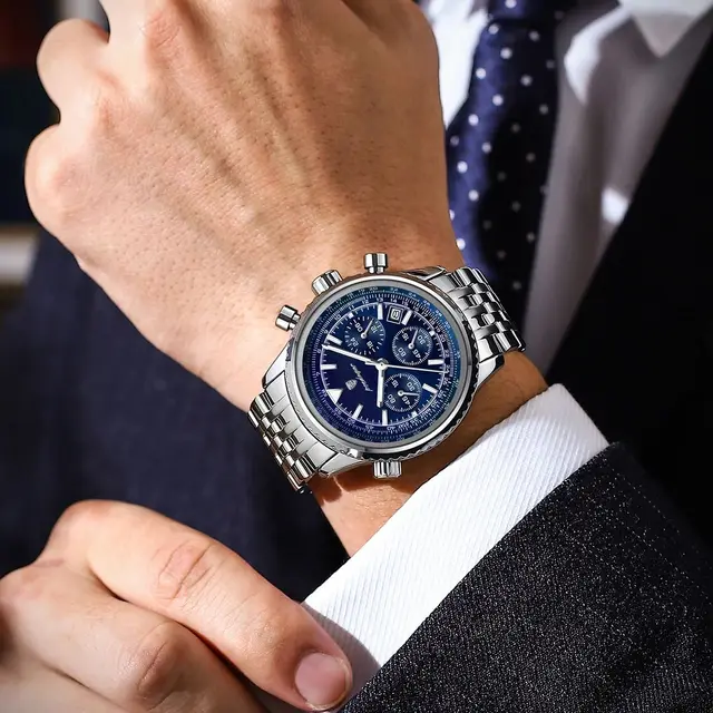 POEDAGAR homme d'affaires montre chronographe Date étanche lumineux montres pour hommes en acier inoxydable à la mode Quartz homme montre-bracelet + boîte 6