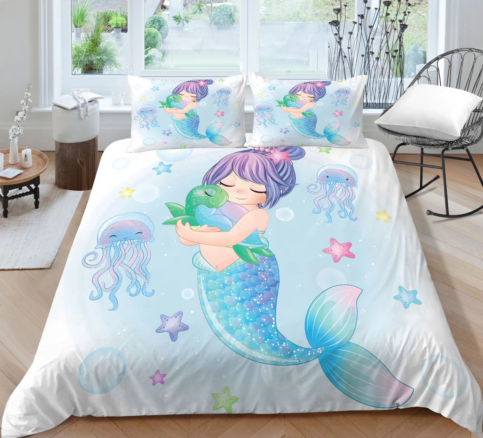 Hot  Bed Linens 2/3pcs 3D Digital Mermaids Printing Duvet Cover Sets 1 Quilt Cover + 1/2 Pillowcases US/EU/AU Size