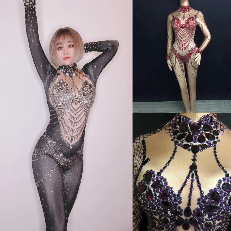 

Nightclub Dj Ds Pole Dance Clothing Black Red Purple Rhinestone Long Jumpsuit Women Stage Performance Costumes Rave Outfit 5084