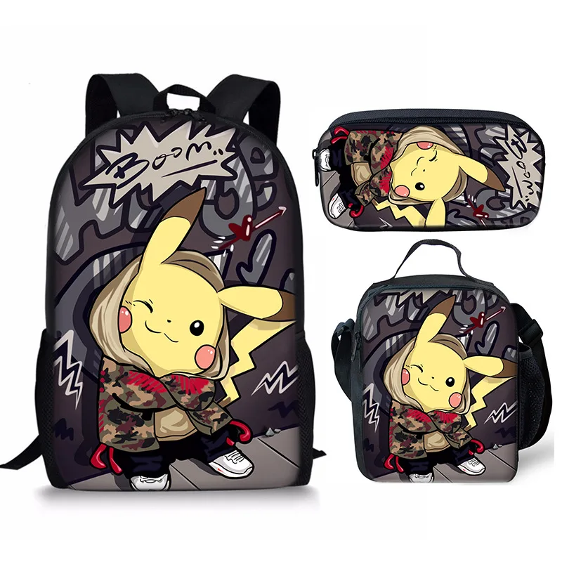 

Bandai's New Three-piece Pokemon Student Pikachu Schoolbag Cartoon Anime Three-piece Lunch Bag Pencil Zipper Shoulders Bag