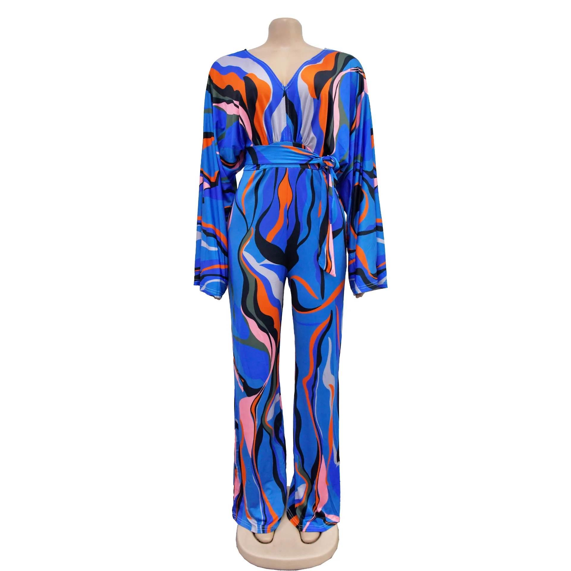 Fashion Women's Casual Printed Lace-Up Long Sleeve Wide Leg Jumpsuit