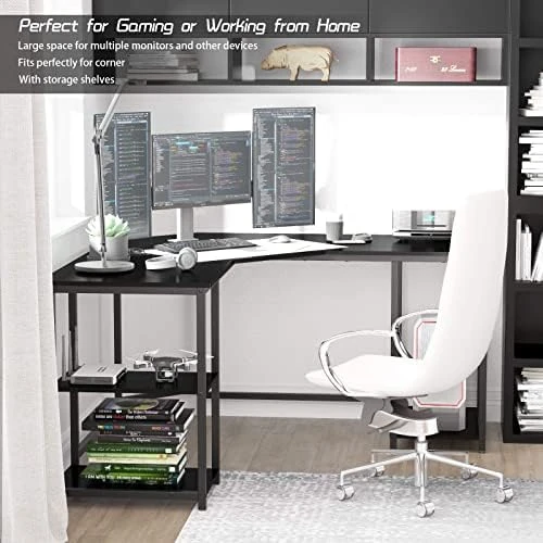 L-Shape Desk Corner Desk with Storage Shelves that Fits Perfectly