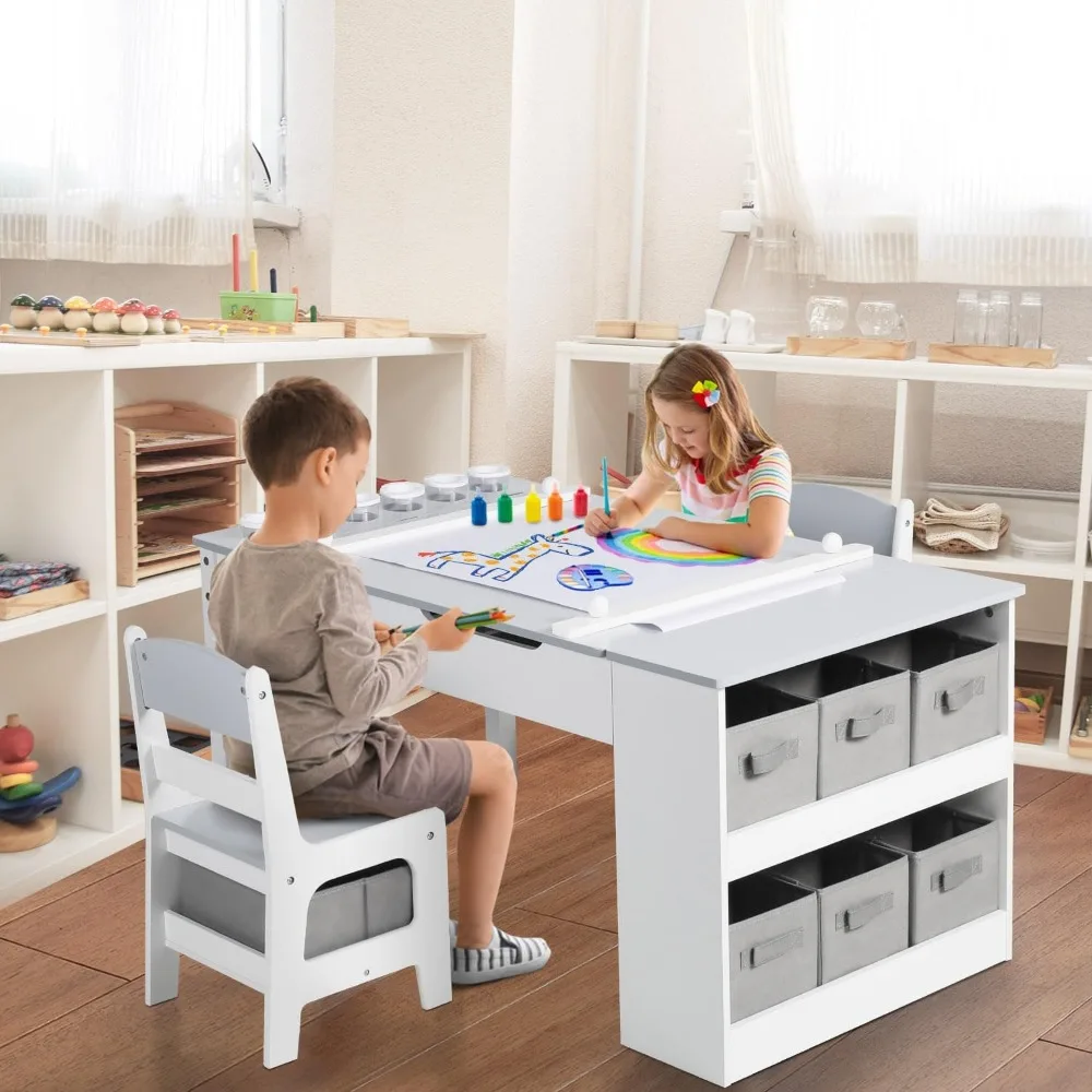 3 in 1 Kids Art Table & Easel Chair Set, Wood Children Activity Table, 6 Storage Bins, Paper Roll, Paint Cups, Playroom