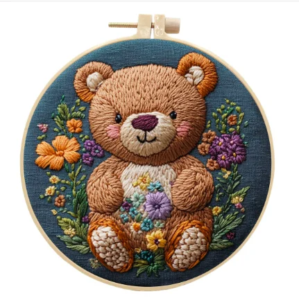 Flower and bear embroidery kit set with 15cm hoop simple three-dimensional embroider Ribbon set DIY needlework craft supplies