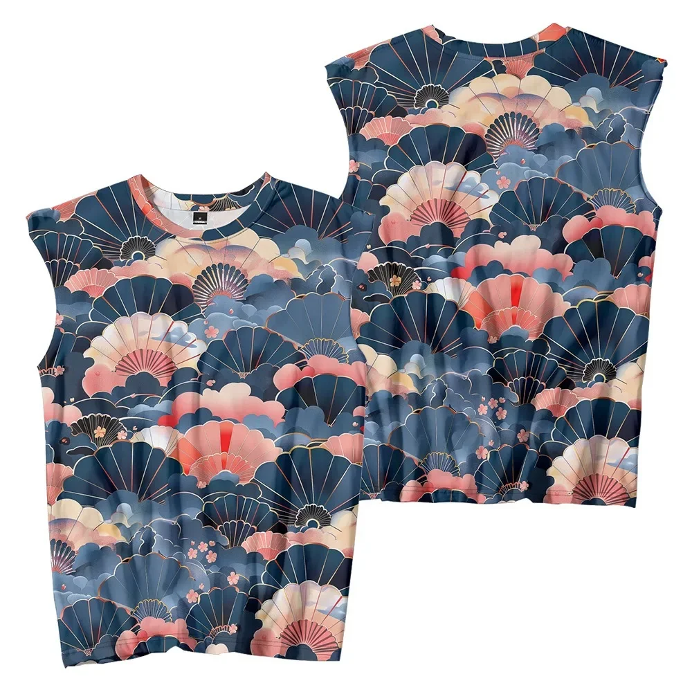 Gilet da uomo modello ventaglio giapponese Ukiyo-e Retro Harajuku Beach Holiday Canotte da sera Camicia senza maniche Top casual Abbigliamento da palestra - immagine 2