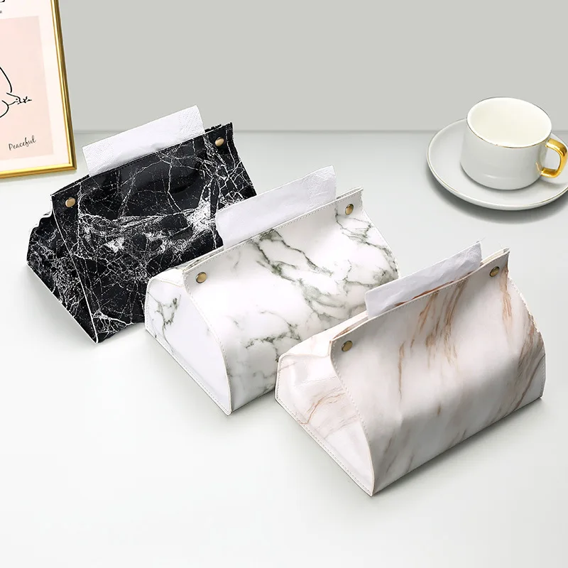 Tissue Case Box Container PU Leather Marble Pattern Napkin Holder Tissue Box Papers Bag Cosmetic Case Pouch Organizer Tissue Dispenser Tissue Box Napkin Holder