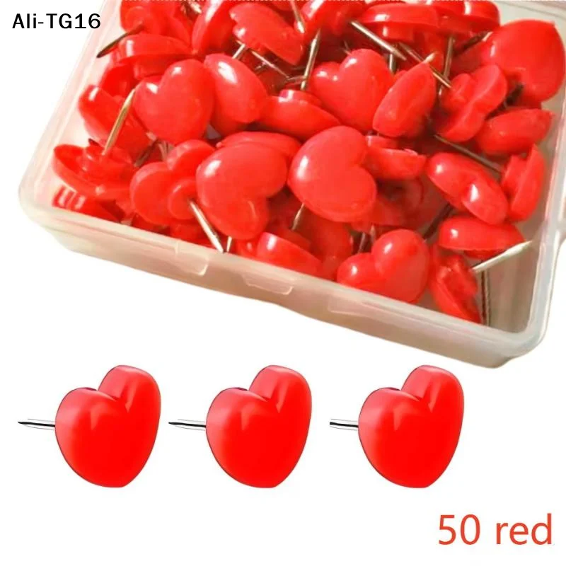 【A1y】50/100Pcs 2026 하트 모양 플라스틱 품질 코르크 보드 안전 컬러 압정 푸시핀 사무실 학교 액세서리 용품