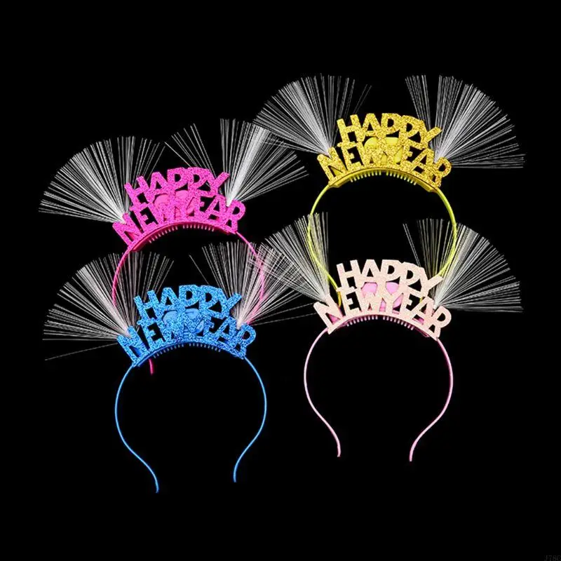 J78C Women Girls Lovely LED Fiber Ear Hair Hoop Glitter Happy New Year Letters