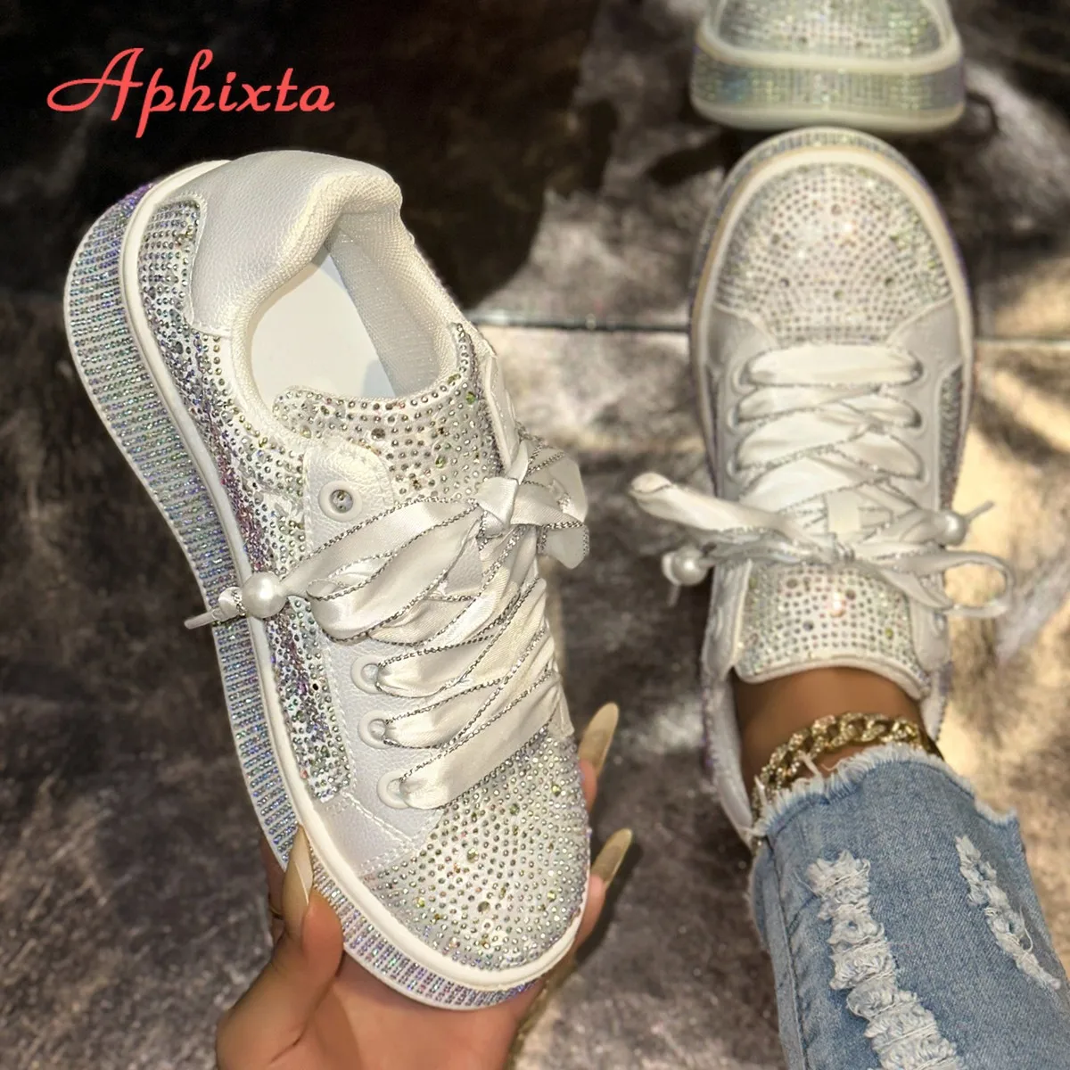Aphixta Sequined Cloth 3.5cm Platform Custom Casual Shoes Luxury Crystal High Quality Woman Shoes Fashion Ladies Footwear Size43