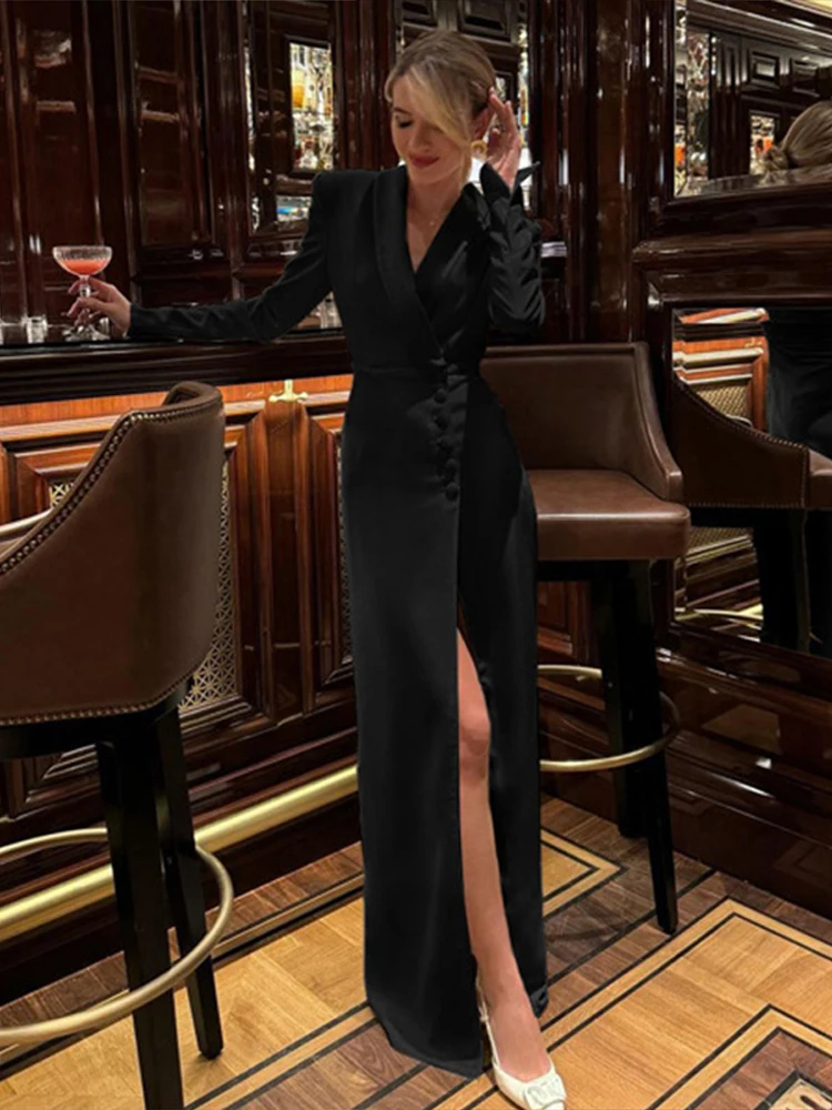 Lange Abendkleider für Damen, V-Ausschnitt, hoher Schlitz, diagonale Knopfleiste, Knopfkleid, Herbst 2022, Bürodame, volle Ärmel, figurbetont, Vestido – Detail 17