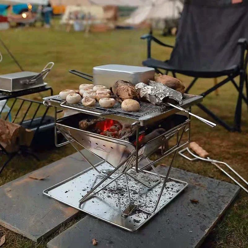 Outdoor Fire Pits Camping Picnic Firewood Charcoal Stove Stainless Steel Folding Barbecue Stove Brazier Table Cooking Table Z