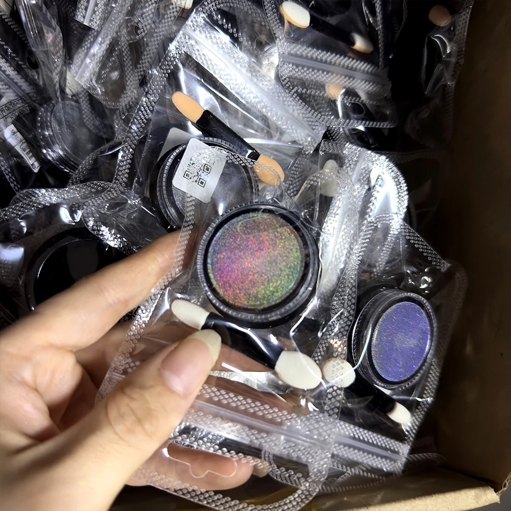 1Box Holographic Laser Chrome Nail Glitter Powder Rainbow Unicorn Mirror Effect Pigment Nail Rubbing Dust with Sponge Applicator