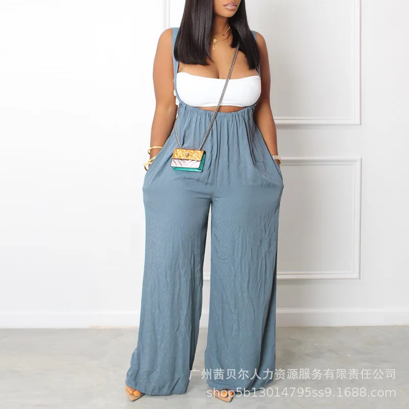 

Women Bib Pants Loose Sexy Temperament Spring And Summer Sleeveless Suspender Pocket Fashion Long Wide-leg Casual Bib Pants
