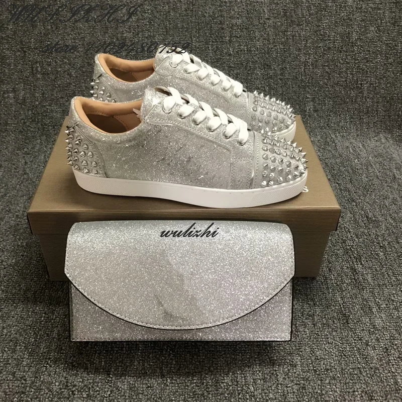 Flat Rivet Silver Casual Shoes Women Clutch Design Crystal Sneakers Luxurious Round Concise Couple Metallic Glitter Lace Up Shoe 2