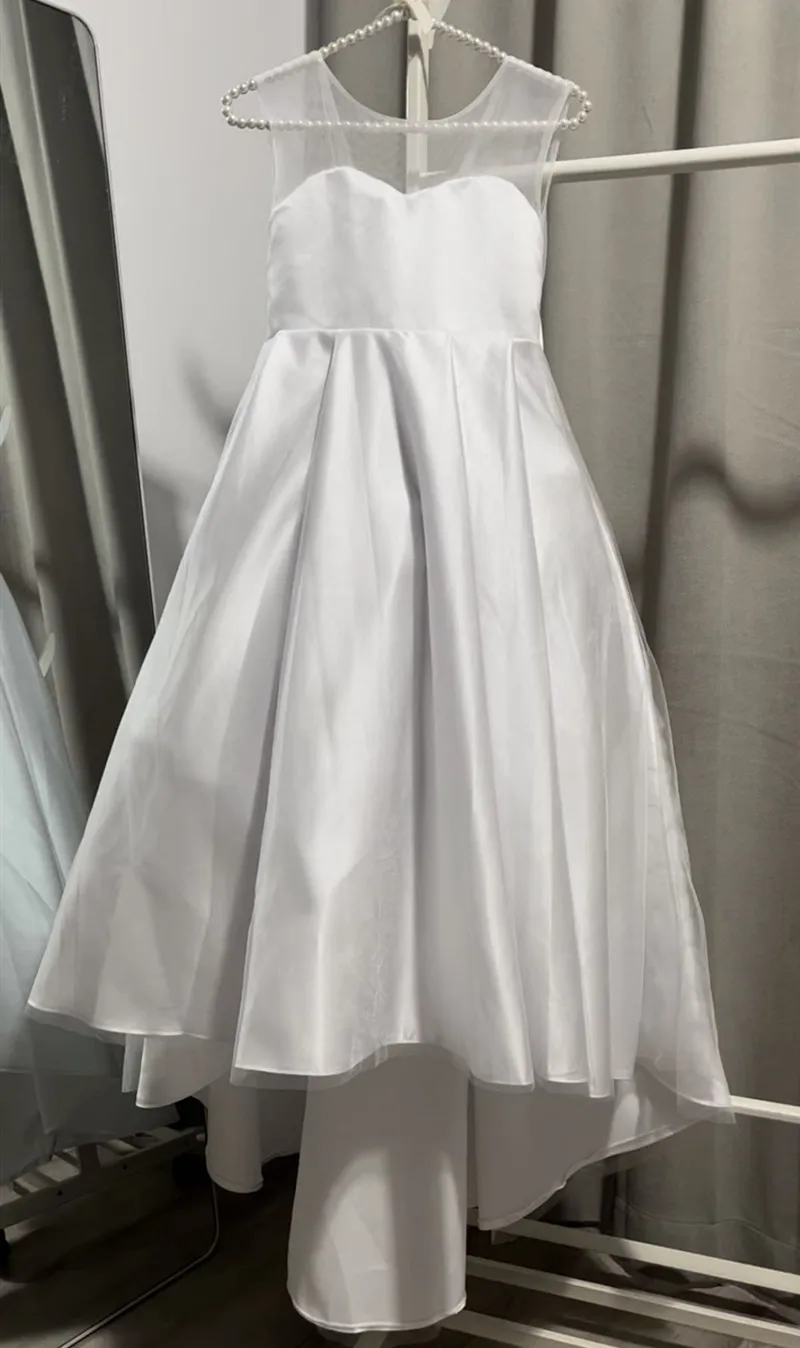 Simple Child Flower Girl Dresses for Weddings Satin A-line Tulle Bow Long Bridesmaid Pageant Robe First Communion Gown