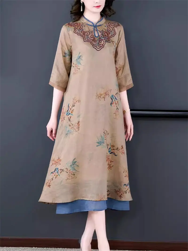 

Ethnic Style Embroidered Dress 2024 Spring Summer New Middle Aged Mom Travel Loose Art Ramie Dress Retro Qipao Half Sleeve Z4854