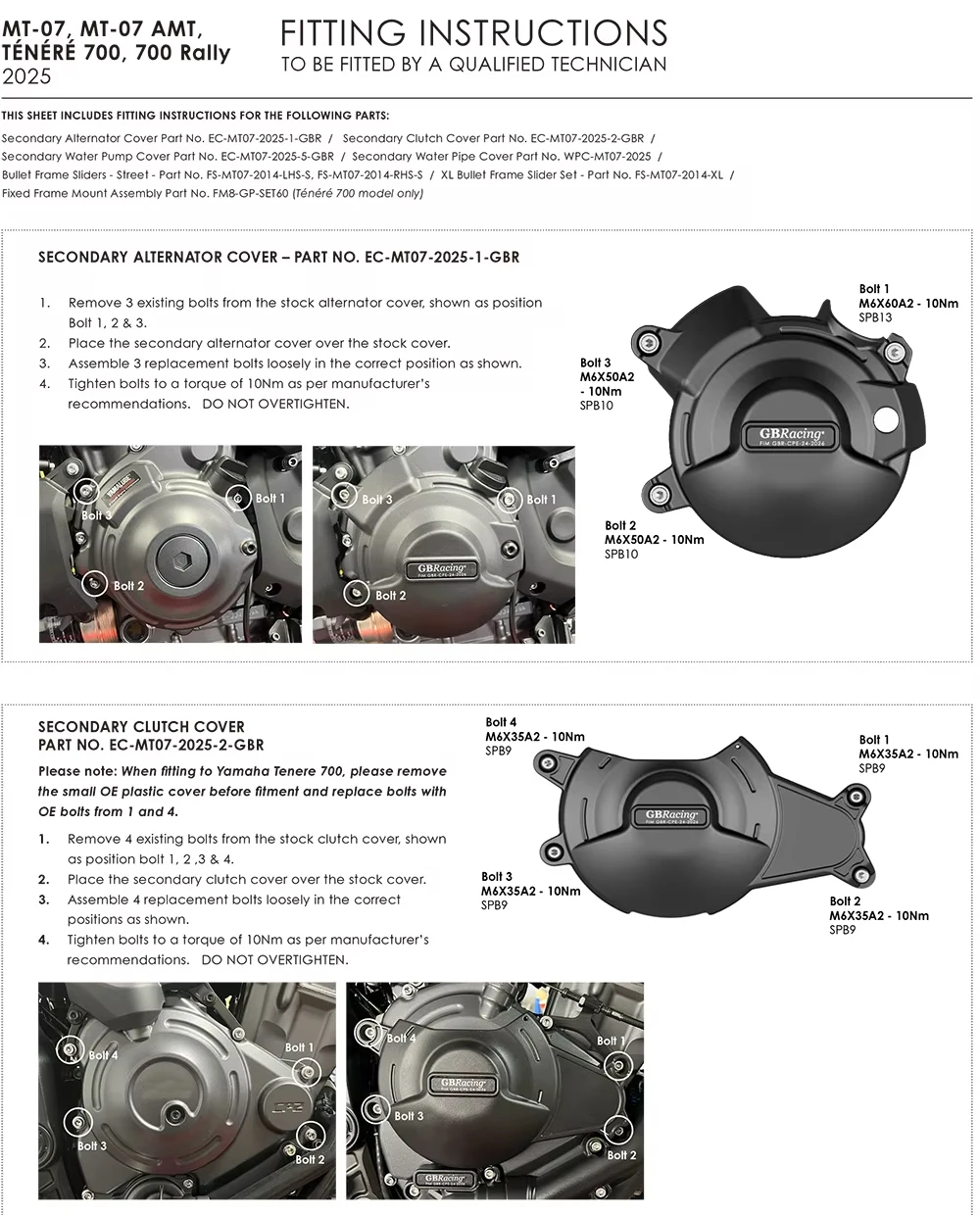 액세서리 모토 GBRacing 엔진 보호 장치(보조 커버 + 클러치 커버) 2025 MT-07/MT-07 AMT/Tenere 700/700 Rally용
