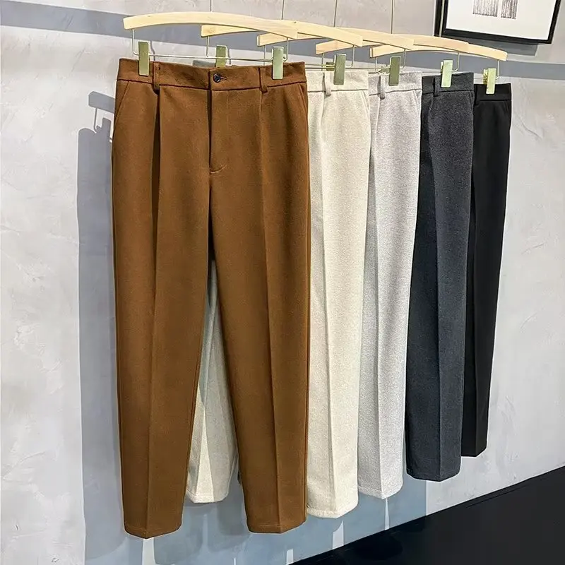 

Spring Autumn Men's Woolen Casual Pants Work Suit Pants Straight Slim Fit Solid Color Simple Trousers Male Coffee Black Grey