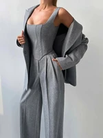 Fishbone Top Blazer Pants Sets 3 Pieces For Women Solid One Button Jacket Crop Tops High Waist Pocket Pant 2025 Lady Office Set 2