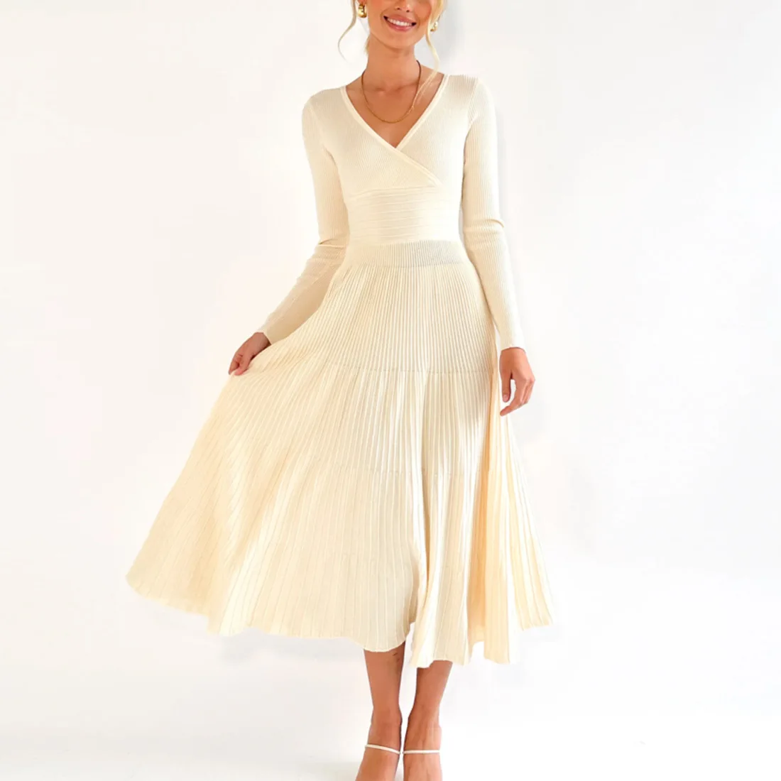 Vestido largo de punto con escote en V y espalda descubierta para mujer, elegante vestido de fiesta ajustado a la moda, vestido largo de retazos acanalados con cintura alta para mujer