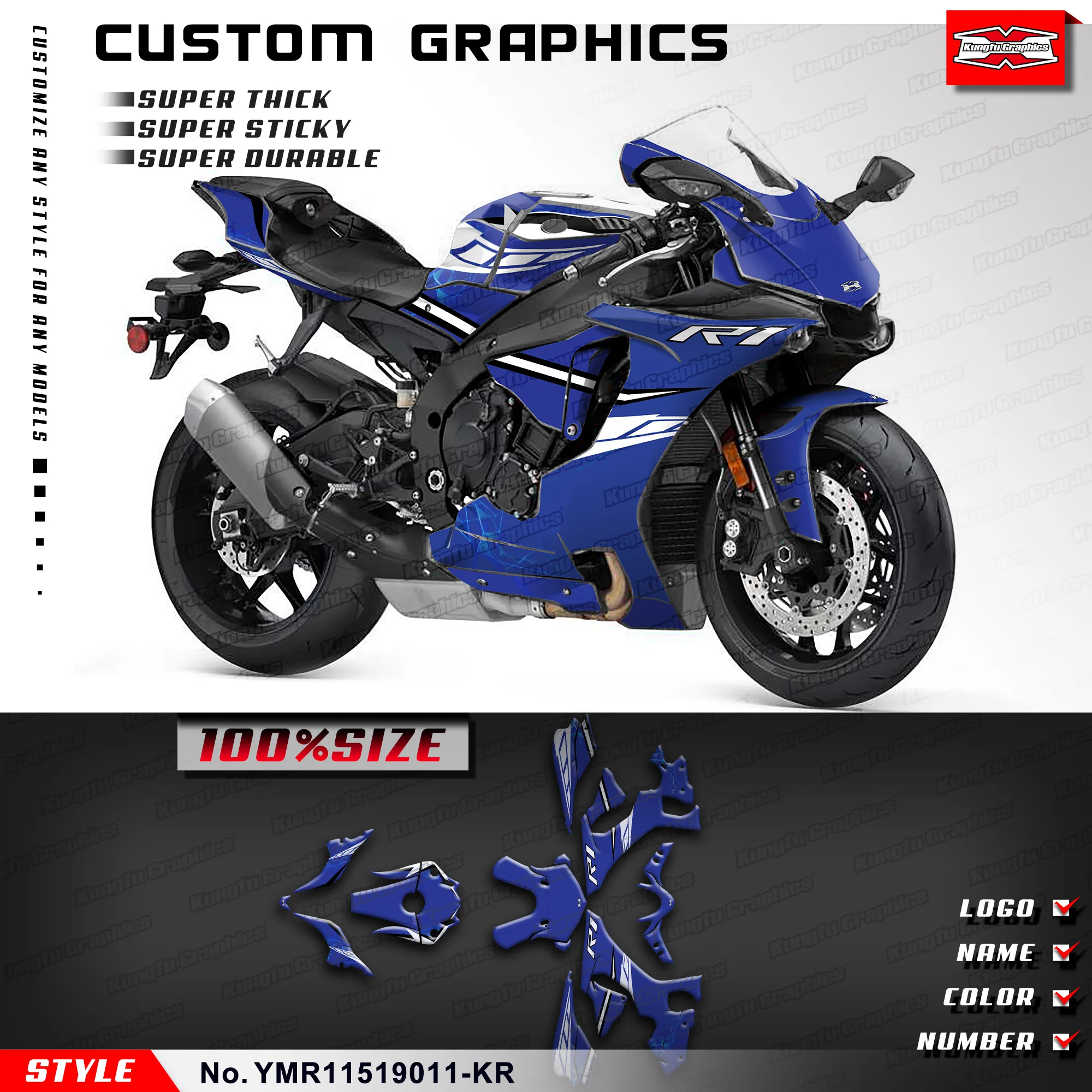 

KUNGFU GRAPHICS Sportbike Sticker Complete Decal Vinyl Kit for Yamaha YZF-R1 YZF R1 2015 2016 2017 2018 2019, YMR11519011-KR