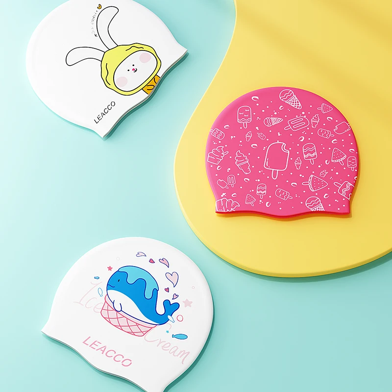 New children's high elasticity silicone professional swimming cap with cartoon print, various cute styles, soft and waterproof 4