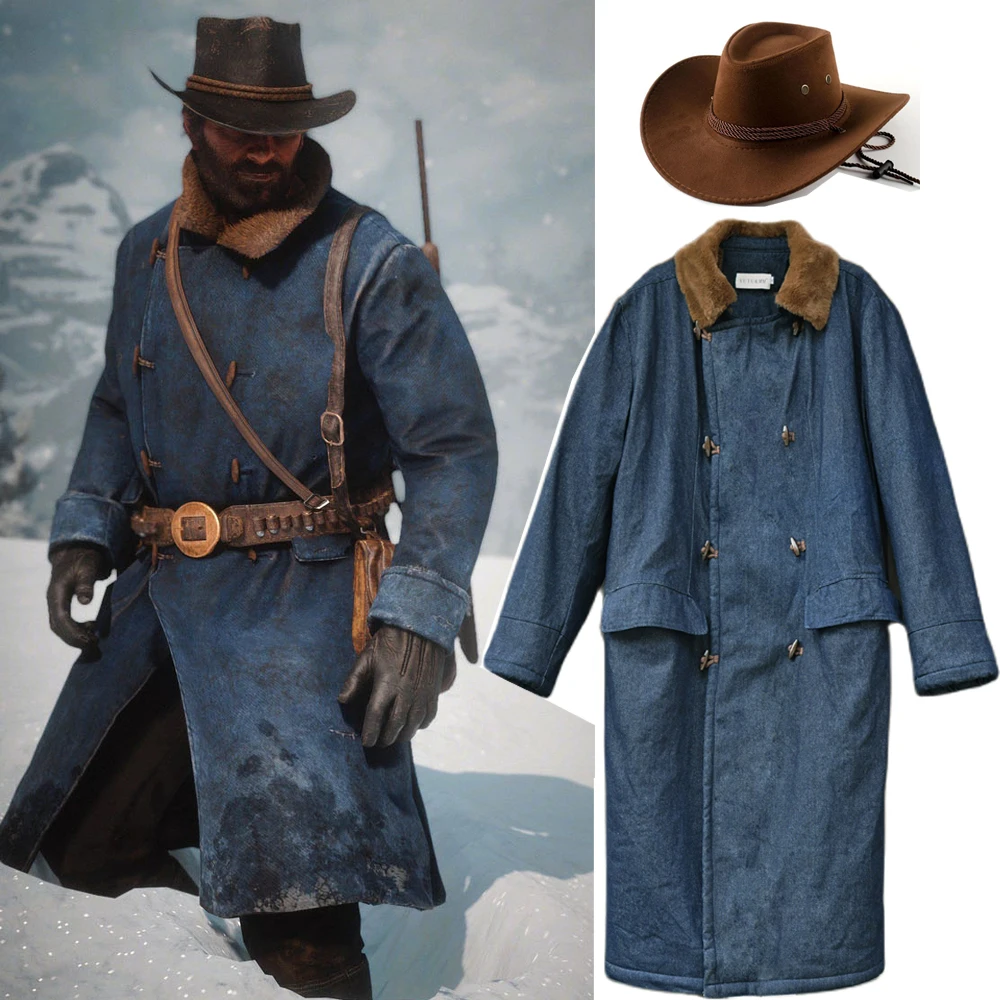 

Game RDR2 Arthur Morgan Cosplay Costumes Western Style Denim Coat Hats Mid Model Jackets Halloween Carnival For Men Women Outfit