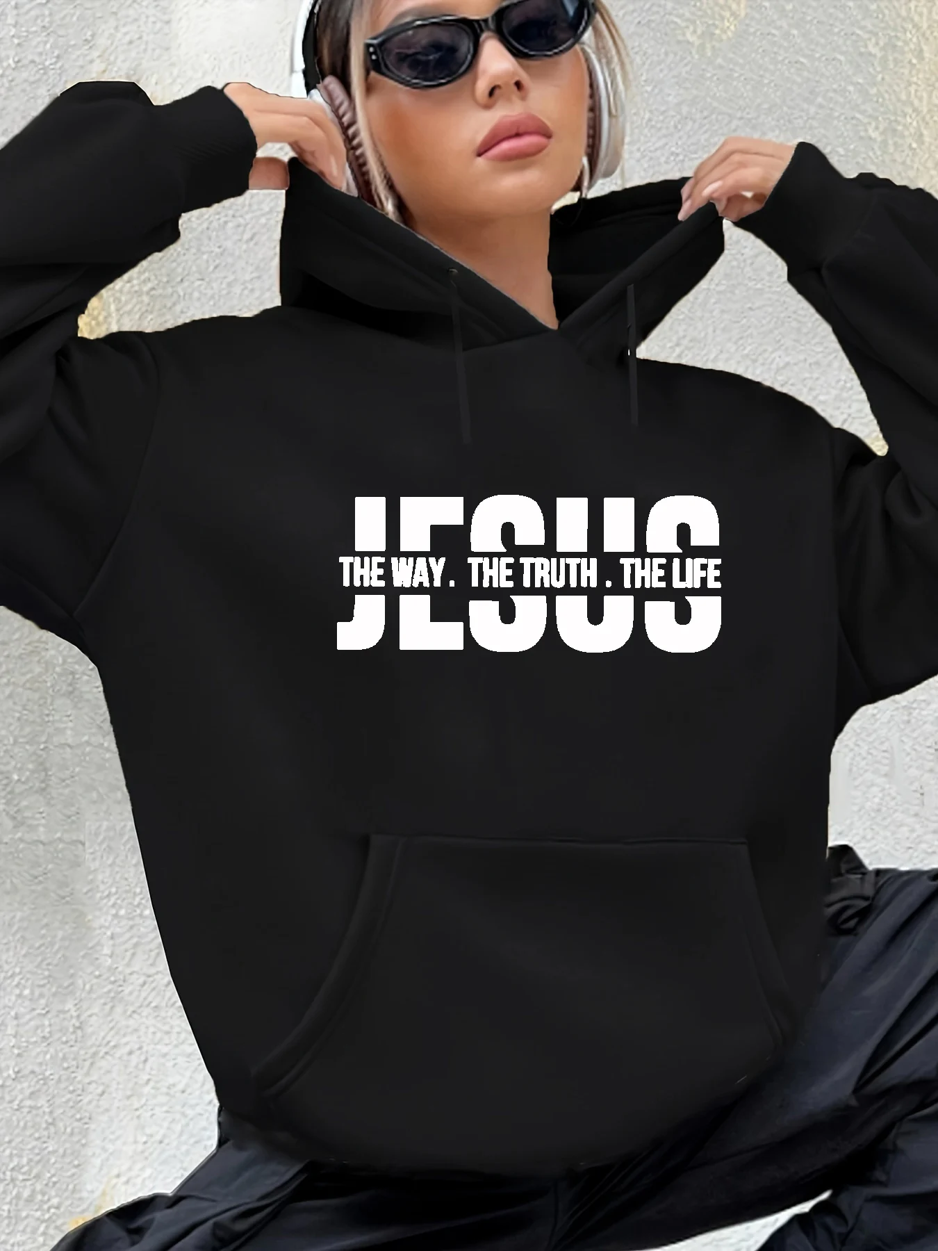 Sudadera con capucha de manga larga de gamuza con estampado de letras de JESUS informal cálida y holgada de otoño e invierno para mujer