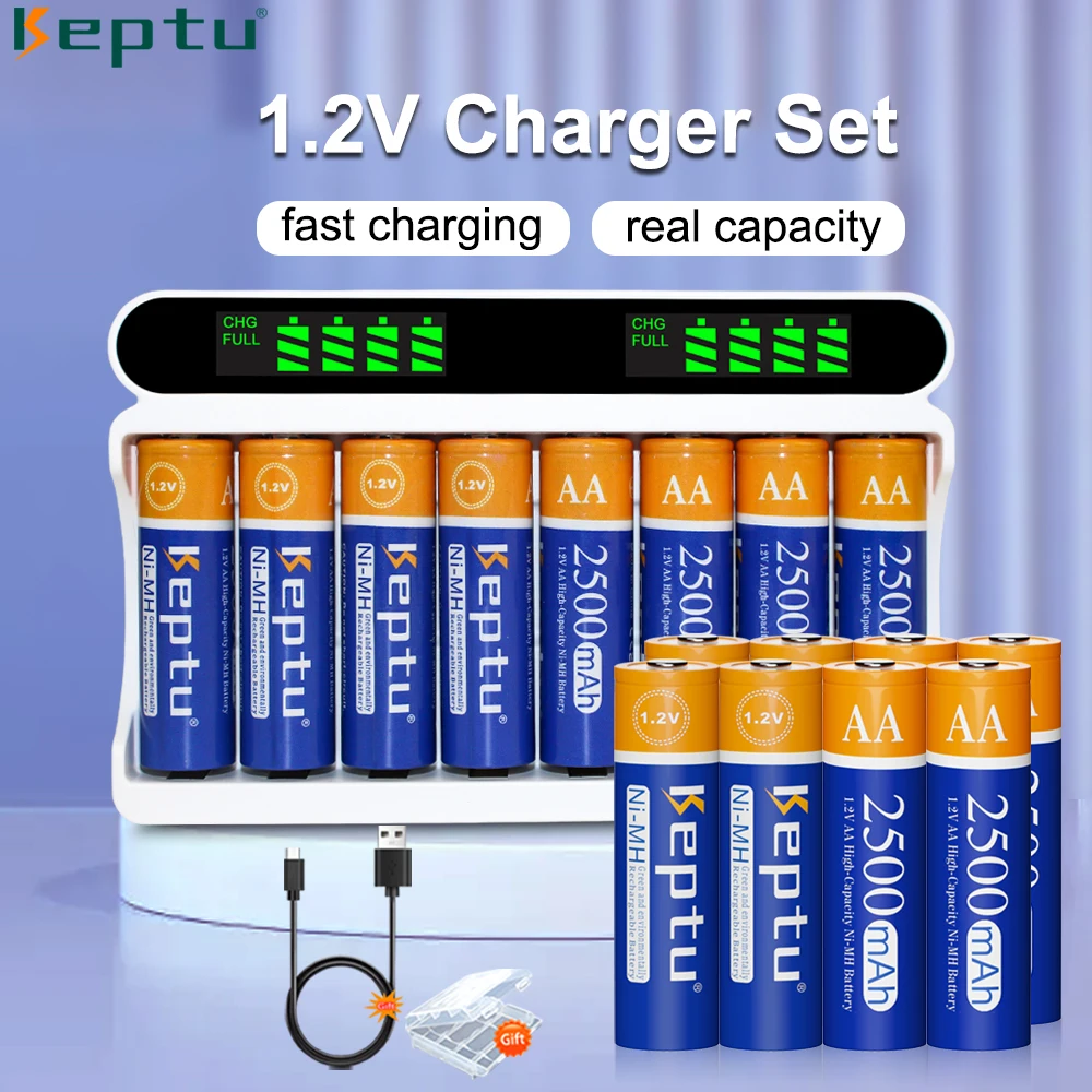 

KEPTU 2500mAh AA 1.2V Rechargeable Battery Ni-MH aa Batteries with 8 Slots Fast Smart Charger for 1.2V AA AAA NiMH NiCd battery