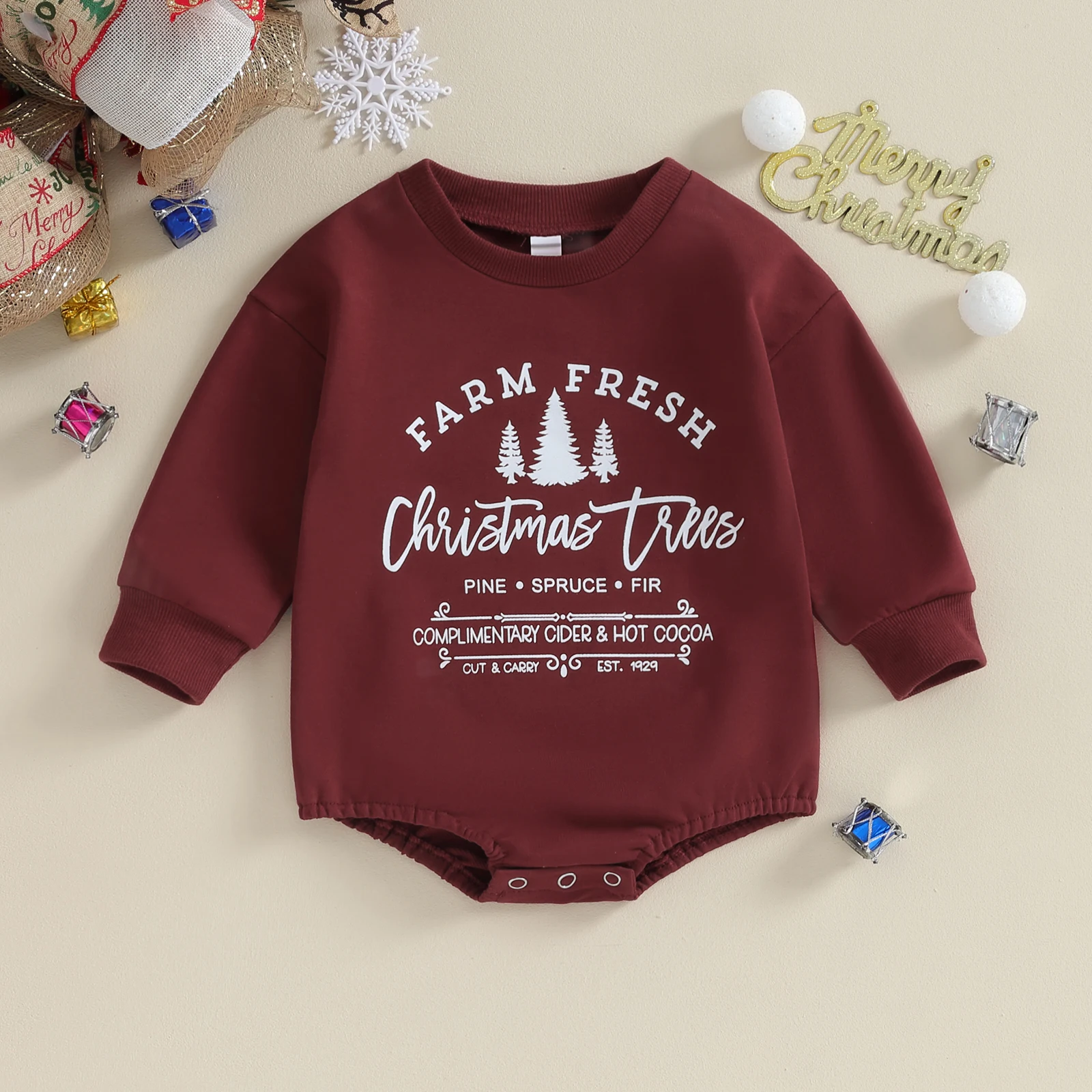 

0-18M Baby Christmas Romper Long Sleeve Crew Neck Letters Tree Print Fall Bodysuit Clothes for Girls Boys Xmas Clothing