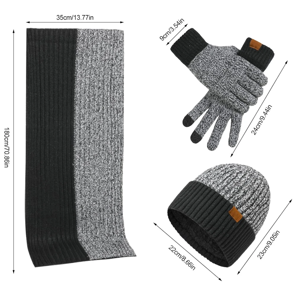 Warm Knitted Men's Scaves and Beanie Hat Gloves Set with Touchscreen Gloves Winter Thick Fleece Lined Neck Gaiter Cap