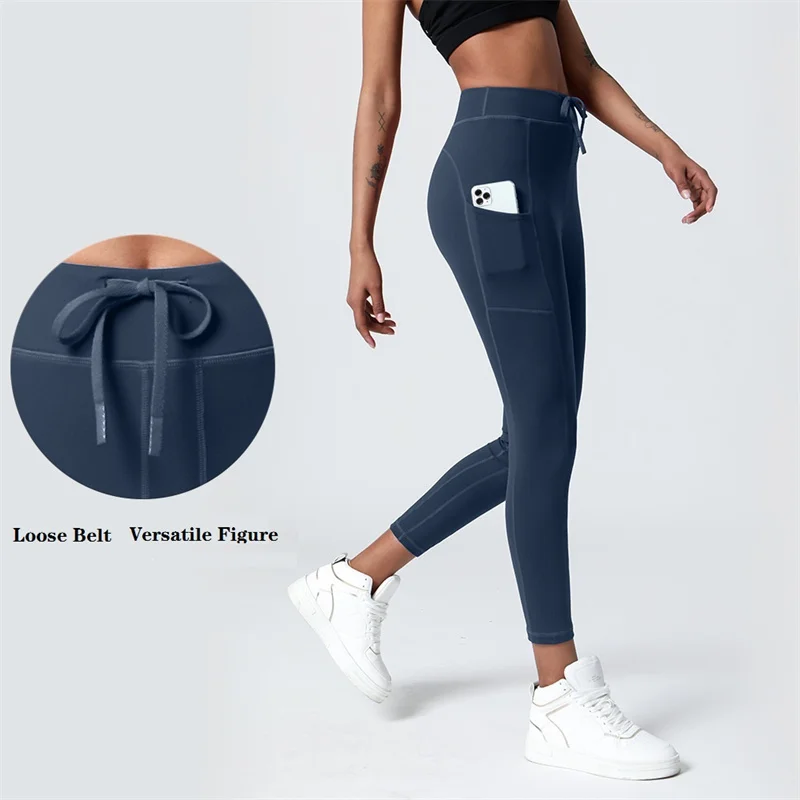 

Solid Color Pocket Yoga Pants Women's Fitness Sports Leggings Lace Up Running Workout Soft Tights Tennis Push-ups Gym Clothing