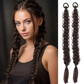 2pcs Long Braided Ponytail for Women Straight Wrap Around Braid Ponytail Extension Synthetic Braids Horse Tail with Rubber Band 1